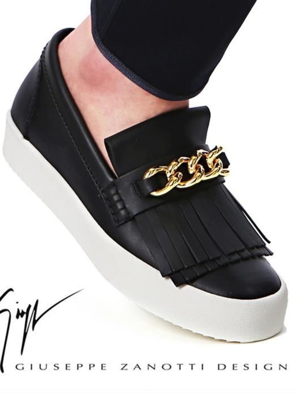 Giuseppe Zanotti Black Leather Slip-On with Gold Chain Fringe